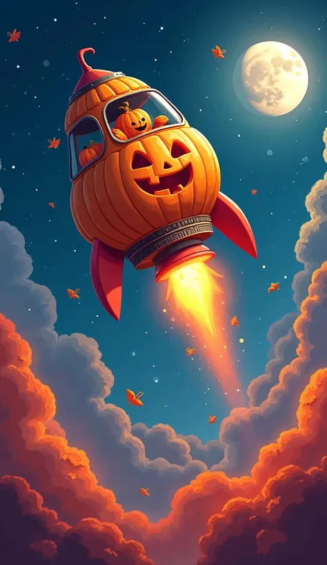 Cryptocurrency charts with a pumpkin flying a rocket to the moon