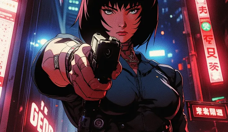 Aqui está o prompt ajustado para incluir um Tachicoma ao fundo da cena, mantendo a consistência da personagem e adicionando esse elemento icônico de *Ghost in the Shell*:

**Prompt ajustado com Tachicoma:**  
"Masamune Shirow's Ghost in the Shell style, co...