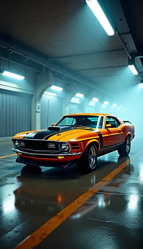 The image showcases a classic muscle car, a Ford Mustang Mach 1 from the 1970s, parked in a dimly lit underground garage. The car is painted in a striking orange color with bold black racing stripes running down the center of the hood, roof, and trunk. The...