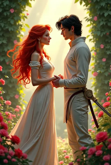 Can you create a red-haired princess for me with a black-haired prince who looks like an angel practicing fencing and having romantic eye contact 