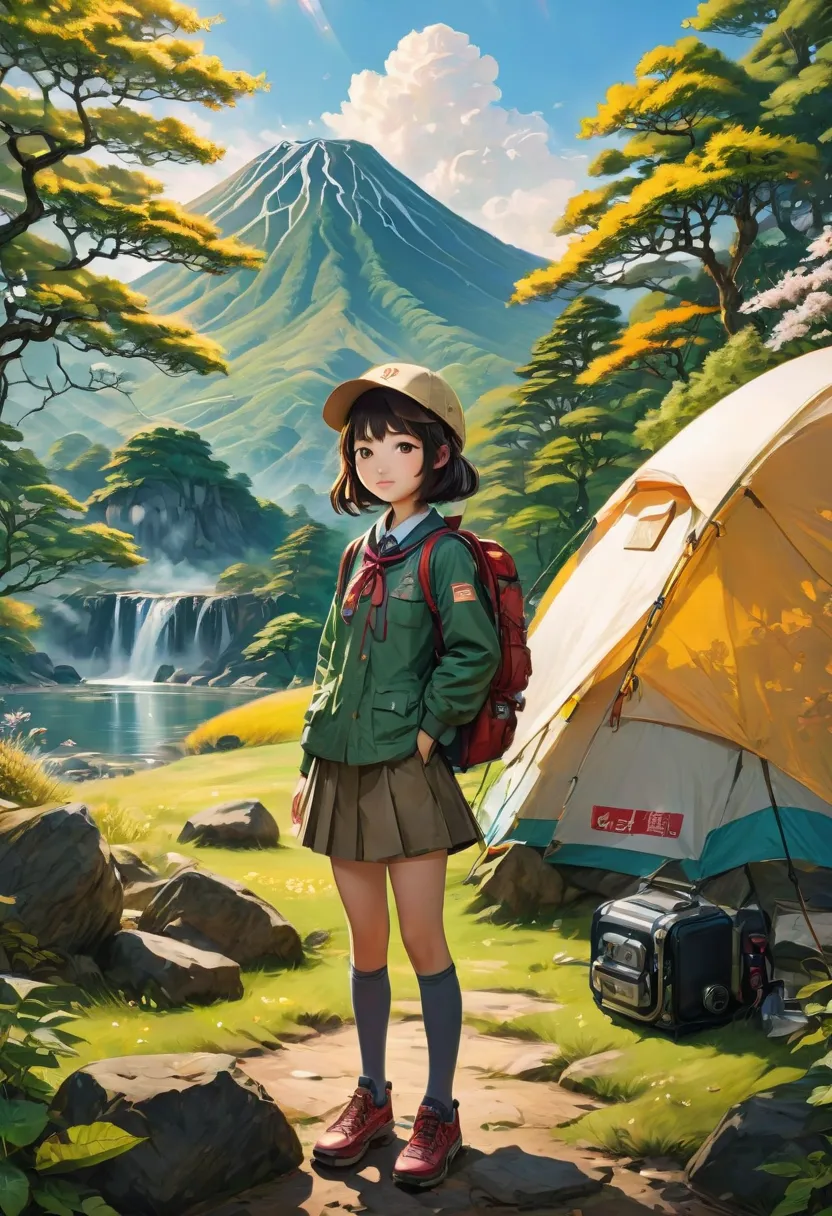 Outdoor Camping, cute japanese tomboy primary school girl, best quality, masterpiece, very aesthetic, perfect composition, intricate details, ultra-detailed