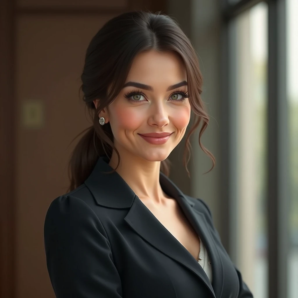 a realistic woman with a warm face,  green eyes, medium dark hair ,  fair skin ,  smiling, A picture in a formal outfit, As an attendant.  realistic image