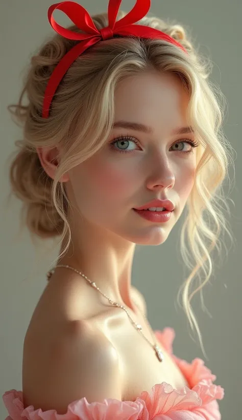 Blond woman with a red bow and a necklace on her neck