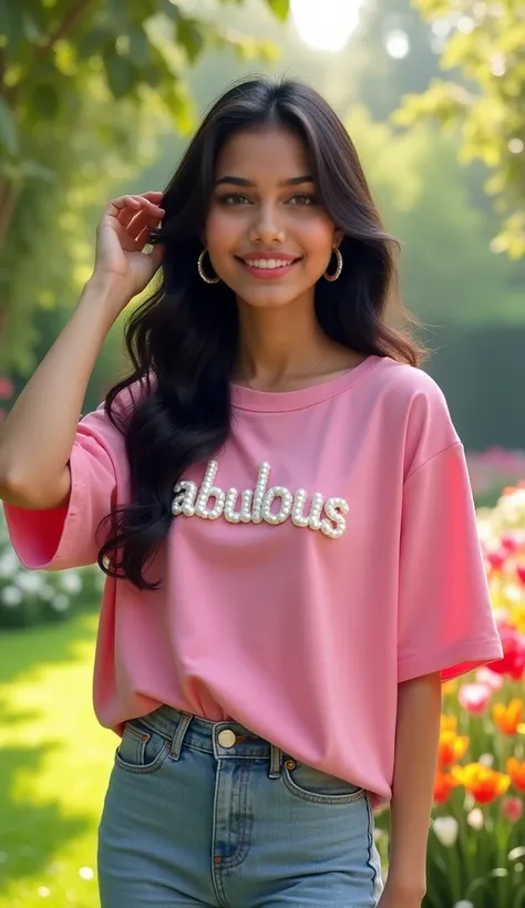 "A young woman with long, wavy black hair and a radiant smile is posing confidently. She is wearing a stylish oversized pink T-shirt with pearl embellishments on the sleeves and the word 'Fabulous' printed on the front. She pairs it with light blue denim j...