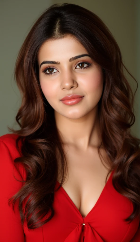 realistic portrait photo of a beautiful 4k, solo, 18 year old female, pakistani, (very pretty youthful face) brown skin, long hair, looking at viewer, blush, smile, brown eyes, brown hair Instagram red dress