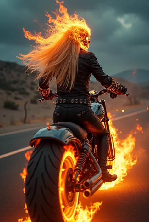 A fierce ghost rider with long, flowing blonde hair engulfed in flames. Her skull is ablaze with supernatural fire, eyes glowing with an eerie light. She wears a black leather biker jacket with fiery cracks, metal chains wrapped around her arms, glowing wi...