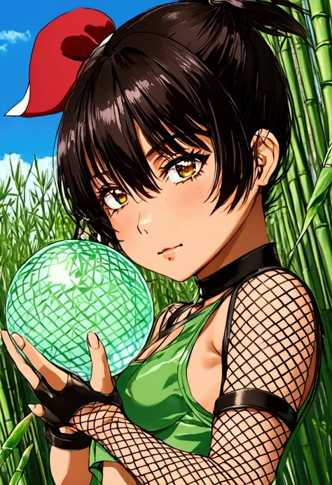 masterpiece, best quality, yuffie kisaragi, headband, green crop top, shoulder armor, armguard, fingerless gloves, tan shorts, single thighhigh, fishnets, upper body, looking at viewer, furrowed brow, smug smile, closed mouth, grass, bamboo, sky, holding u...