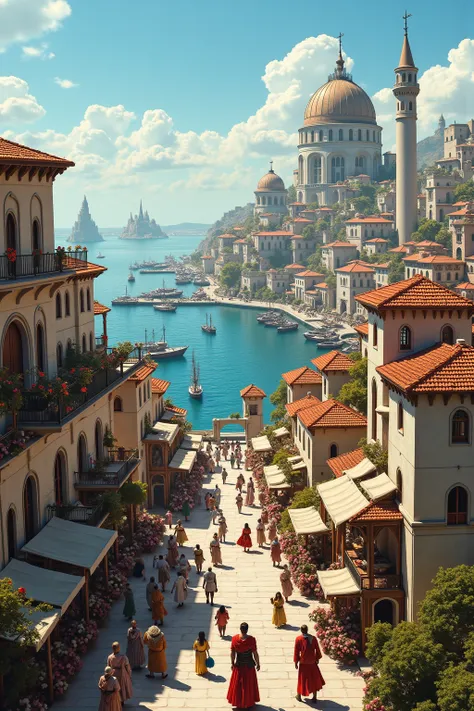 Create a bustling and opulent city inspired by Pentos from George R.R. Martin's A Song of Ice and Fire. The city is located on a wide bay, its harbor filled with ships from across the known world, their sails a patchwork of colors and designs. The skyline ...