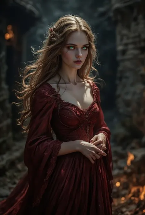 A breathtakingly beautiful young Irish woman standing in a medieval village, dressed in an elegant flowing red gown. Her golden hair cascades down her shoulders in soft waves, and her emerald-green eyes hold a deep sadness, as if trapped in a cruel fate. H...