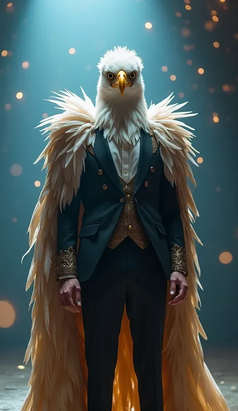 Create a surreal and captivating scene featuring a majestic man adorned in an intricately designed bald eagle costume, standing with an air of strength and elegance. His tailored suit seamlessly transitions into layered feathers in bold shades of white, de...