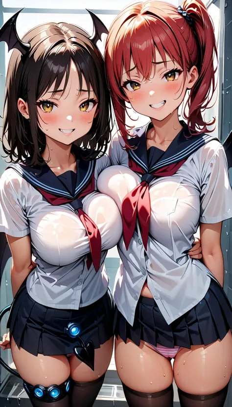 (Slender, (12yo), large breasts, breast press, cameltoe), (くびれ),(school uniform), (untucked shirt), (Navy mini skirt), super shiny pink striped panties with deep borders, (1girl, Reica Shimohira, GANTZ),(side ponytail), wavy hair, yellow eyes, short hair, ...