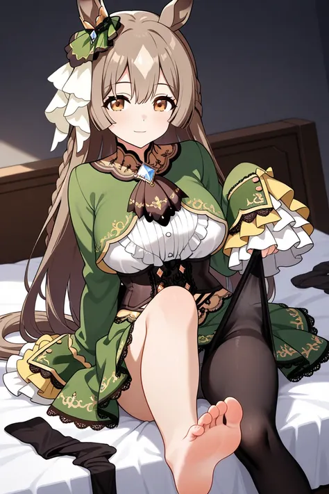 1girl, solo,  satono diamond,upper body, anime captured,,large breasts, ((sitting on bed,brown eyes,light smile, pinching pantyhose, unworn pantyhose,bare feet,))horse ears, horse tail, horse girl,sleeves past wrists, sleeves past fingers, frilled sleeves,...