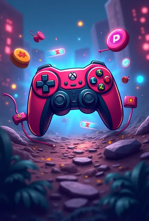 logo with a video game controller in the center and other items on the sides animated style