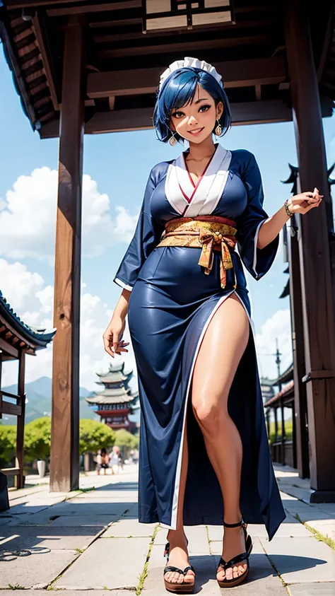 1girl,solo,bishoujo,wa_maid,brown_skin,curvy,thin,slender,blue hair,short hair,grey eyes,huge breasts,narrow waist,slender waist,short_kimono,clog_sandals,multiple_earrings,smile,temple,panorama,full_shot,from_below,looking_down,