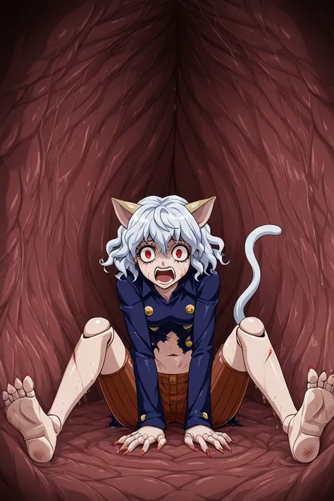 1girl, solo, (neferpitou, short hair, red eyes, animal ears, tail, white hair, cat ears, cat tail, curly hair,
long sleeves, shorts, joints, articulated legs, doll joints, fingernails),, obra maestra, mejor calidad, alta resolución, 8k,, inside a stomach, ...