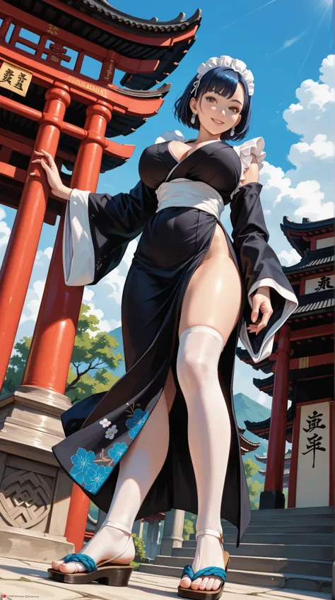 1girl,solo,bishoujo,wa_maid,brown_skin,curvy,thin,slender,blue hair,short hair,grey eyes,huge breasts,narrow waist,slender waist,short_kimono,clog_sandals,multiple_earrings,smile,temple,panorama,full_shot,from_below,looking_down,