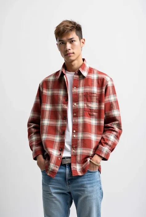 AN ASIAN MALE MODEL SMILING, WEARING SHIRT WITH GEOMETRIC PATTERN, JEANS, NEW YORK CITY, STREET PHOTOGRAPHY