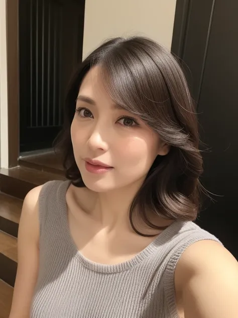  super high definition、masterpiece、Rough skin、 very detailed、 Photoreal、Professional Lighting、Border Depth、sharp、（Gray background）、（Front View：1.2）、（Japanese Mature、Women are sexy）、Detailed face、 beautiful eyes、bangs、Shapely big breasts、 light brown straig...