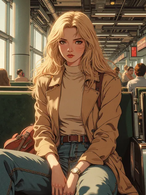 A girl about fifteen,  with very long blond hair and brown eyes in a beige turtleneck,  short jacket and jeans, sitting with a backpack in the airport lounge 