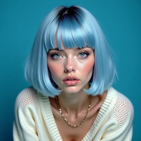 (Best quality, 8k, 32k, Masterpiece, UHD:1.2),Photo of Pretty 18 teen american woman, large breasts, very short bob hair,upper body,face focus,(oversized_sweater,:1.1) necklace, background, looking at viewer, leaning forward, (((blue hair with sliver bangs...