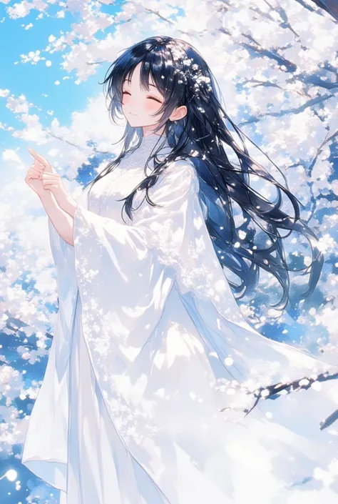 watercolor, ultra detailed beautiful moe anime, beautiful black hair, long hair, straight hair, white lace cloak, small smile, The black-haired princess, dressed in a pure white gown, has arrived at the Mito Plum Blossom Festival, where beautiful white plu...