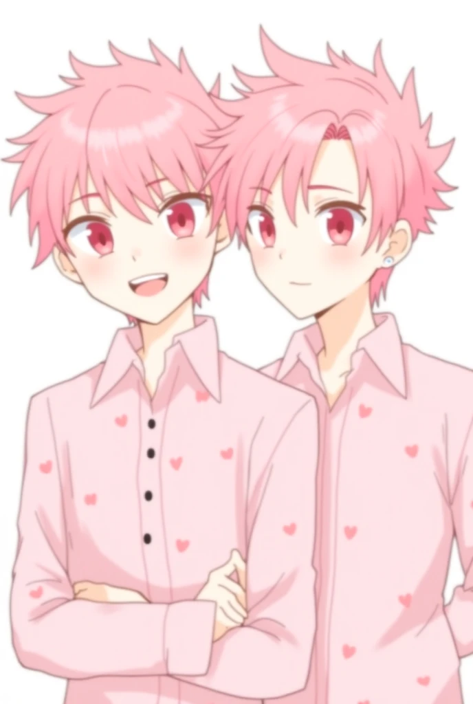 a drawing of two eyes, a mouth, 2 boys, male focus, spot color, Pink shirt with hearts on it, elegant,1boy, White_whitlock, whitlocks, pink hair, red eyes, spiky hair, bangs, handsome, model face, 1boy, anime style, manhwa style, high quality, Accessories ...