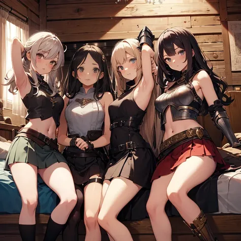 A group of  female medieval fantasy adventurers, (in bedroom), various hair styles, harem, wooden logs wall, details face, short skirt, seducing, sleeveless, armor, on bed, armpits 