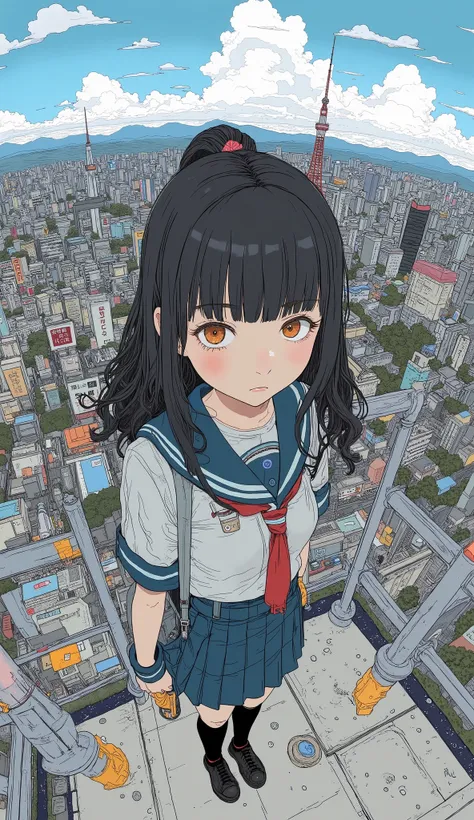 live-action、Genuine、 The cityscape of Osaka taken with a fisheye lens from a high place looks like a small planet、Osaka Castle、A cute and beautiful Japanese girl is standing on top of a tower 、School Uniform、 watches viewers