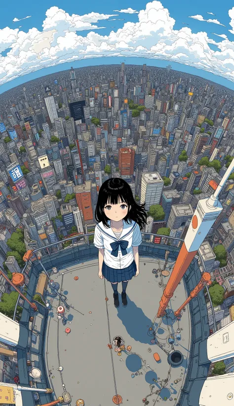 live-action、Genuine、 The cityscape of Osaka taken with a fisheye lens from a high place looks like a small planet、Osaka Castle、A cute and beautiful Japanese girl is standing on top of a tower 、School Uniform、 watches viewers