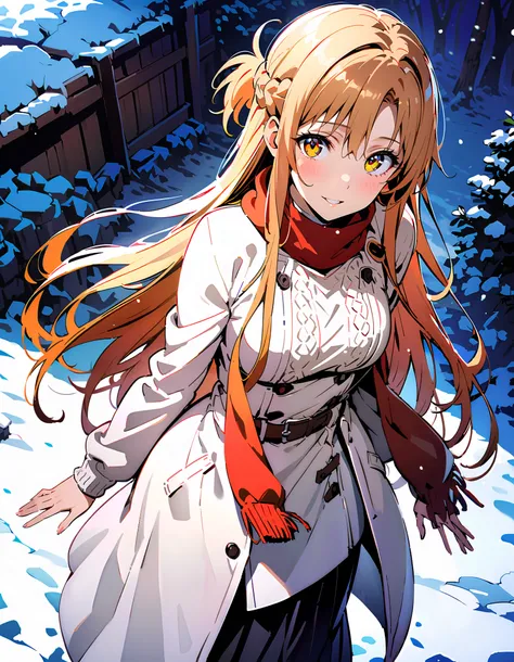 Asuna Yuki ,  long hair, bangs,Alone, monochrome,  braided, Hair,  brown eyes,single  braided,Medium breast,smile,blush, open their mouths, red scarf,White Down Coat , ( sweater :1.2),( turtleneck:1.2), long skirt ,  boots, standing,snow,whole bodyがイラストに入る...