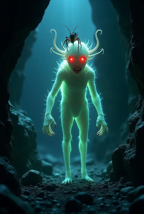 Unidentified creature found deep in cave, eyes glowing red, body eerily like fluorescent paint, luminous insect on body, science fiction, detailed images.