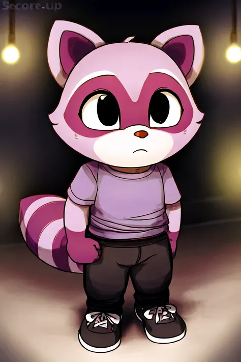 furry, anthro character, solo, an anthropomorphic raccoon wearing light-purple shirt and black trousers, sly mockery, standing in hostel, ambient lights, photorealistic quality, rambley the raccoon, purple fur, black eyes, chibi boy, black sneakers