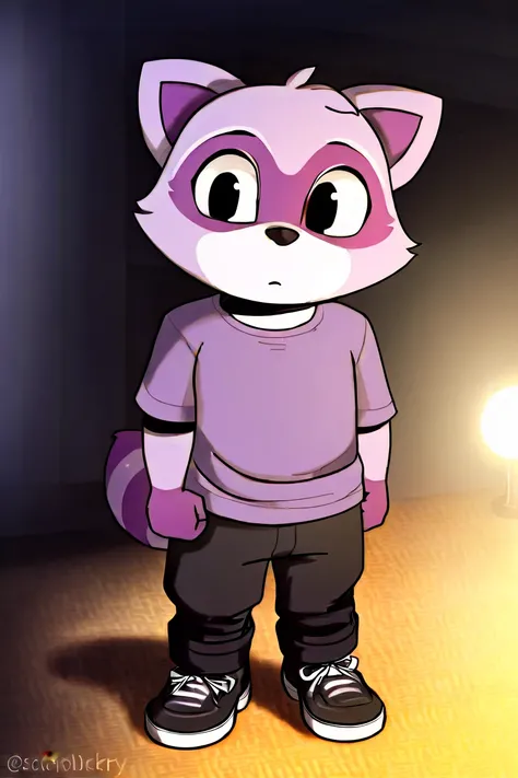 furry, anthro character, solo, an anthropomorphic raccoon wearing light-purple shirt and black trousers, sly mockery, standing in hostel, ambient lights, photorealistic quality, rambley the raccoon, purple fur, black eyes, chibi boy, black sneakers