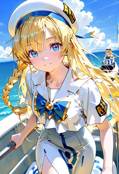 alicia, Aria the Animation, blond hair, blue eyes, single braid, aria company uniform, beret, blouse, bowtie, brooch, sailor collar, short sleeves, long dress, dress, side slit, sunshine , Cumulonimbus clouds, blue sky, she is standing on a white gondola, ...