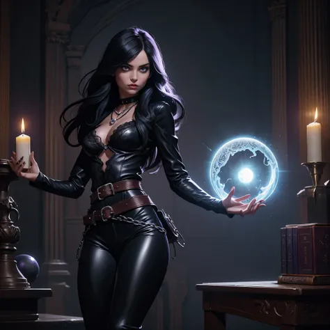 Malina Darkthorn ,  a 23-year-old human magician with pale and cold skin ,  long shiny blue-black hair and deep violet eyes that emit a mystical glow .  seductive pose :  standing in a confident position ,  with one hand on the hip and the other holding an...