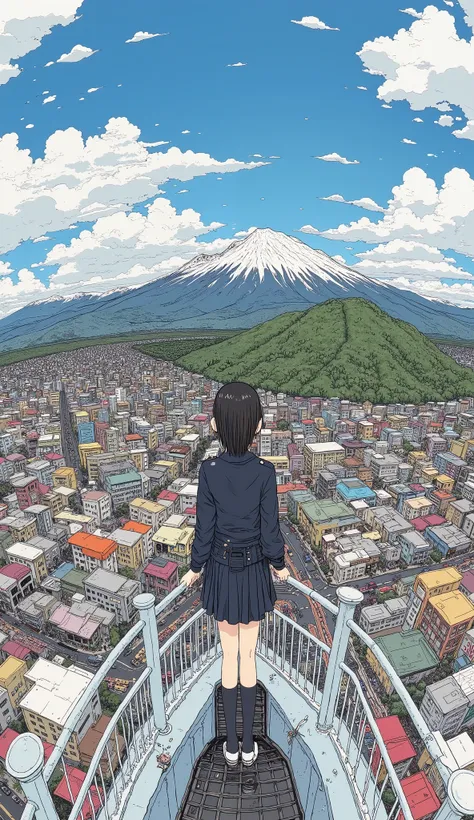 live-action、Genuine、  The cityscape of Toyama taken with a fisheye lens from a high place looks like a small planet、Tateyama mountain range 、A cute and beautiful Japanese girl is standing on top of a tower 、School Uniform、 watches viewers