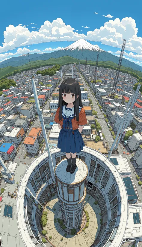 live-action、Genuine、  The cityscape of Toyama taken with a fisheye lens from a high place looks like a small planet、Tateyama mountain range 、A cute and beautiful Japanese girl is standing on top of a tower 、School Uniform、 watches viewers