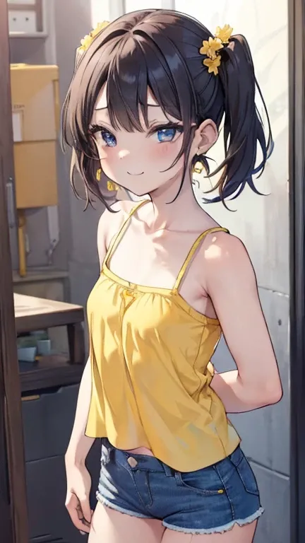 (8k、 best image quality、 top quality、 Masterpiece)、 detailed face、((((Two :2))))、 Hair、  medium hair 、 brown eyes、 、((Yellow))、 earrings、(( small breasts))、(( pink camisole))、(( denim shorts))、 cowboy shooting、  black hair、 twin tails、Pale blue eyes、 、((Ye...