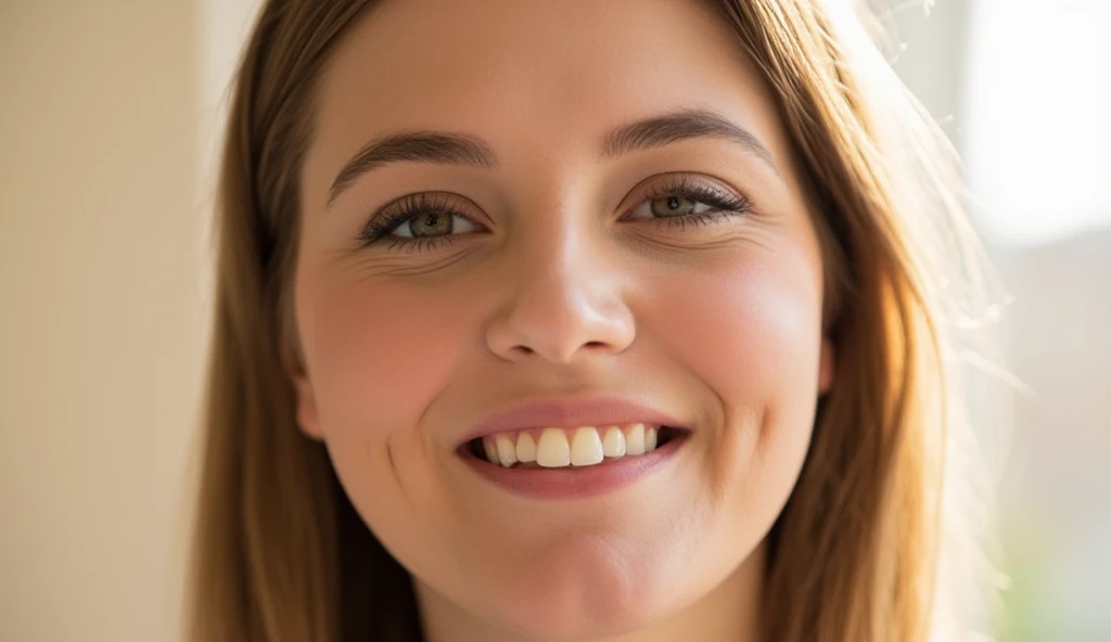 hyperrealistic portrait photograph of a beautiful woman with radiant smile and perfect white teeth, soft natural lighting, shallow depth of field, high-end beauty photography, flawless skin texture, professional studio setup, warm tones, 85mm lens