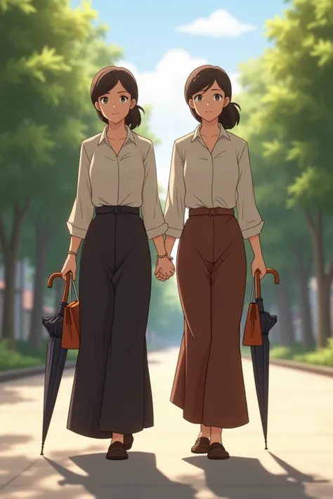 I need an animated image of two Jehovah's Witness women walking, one wearing a long skirt and the other wearing plazzo pants, they must have nothing in their hand and they must carry a bag and umbrella and they must have a tender look.