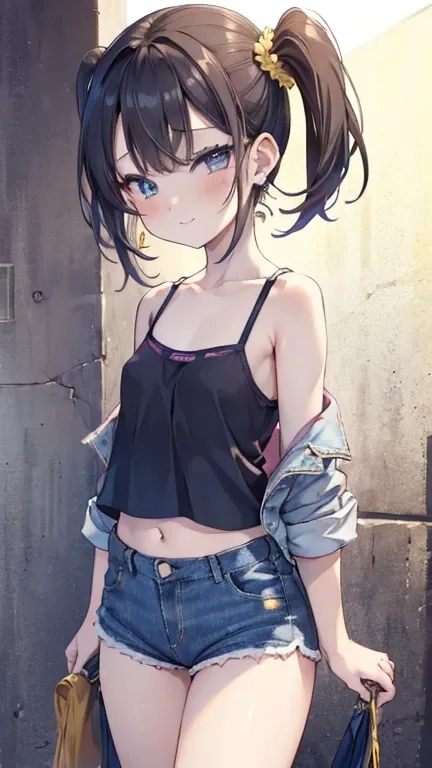 (8k、 best image quality、 top quality、 Masterpiece)、 detailed face、((((Two :2))))、 Hair、  medium hair 、 brown eyes、 、((Yellow))、 earrings、(( small breasts))、(( pink camisole))、(( denim shorts))、 cowboy shooting、  black hair、 twin tails、Pale blue eyes、 、((Ye...