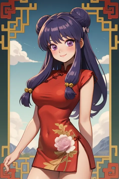  masterpiece,  better quality, highres, F , 1 girl, Alone ,  purple eyes,  Purple Hair,  hair bun , Campaign,  double bun , jingle Campaign,  long hair, breasts, blush,  smile, blows,  hair ornament , bow, sideburns, Shampoo (ranma 1/2), dress, Chinese clo...