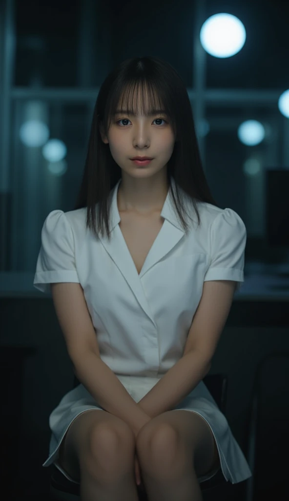  Japanese woman、 slender figure、 beautiful skin、whole body、 top quality、 super high resolution、 beautiful and elaborate face 、 skin texture、 night office、 sit on a chair、 white shirt、 miniskirt、 Legged 、 thighs、disdainful eyes、 look straight into camera、ri...