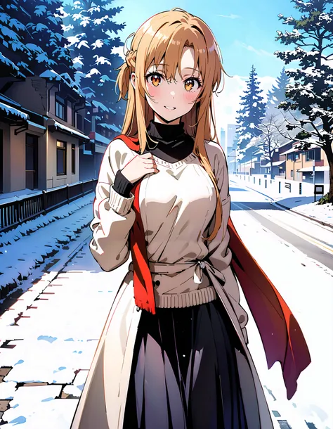 Asuna Yuki ,  long hair, bangs,Alone, monochrome,  braided, Hair,  brown eyes,single  braided,Medium breast,smile,blush, open their mouths, red scarf,White Down Coat , ( sweater :1.2),( turtleneck:1.2), long skirt ,  boots, standing,snow,whole bodyがイラストに入る...