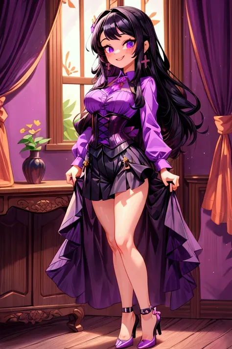 (Masterpiece, best quality) 1 girl, black hair, medium long hair, purple eyes, standing indoors with intricate details and sunlight. Purple shirt litle sexy corset, black heels, cross earrings. Sweet smile, sexy pose, coquette, beautiful legs, mature body,...