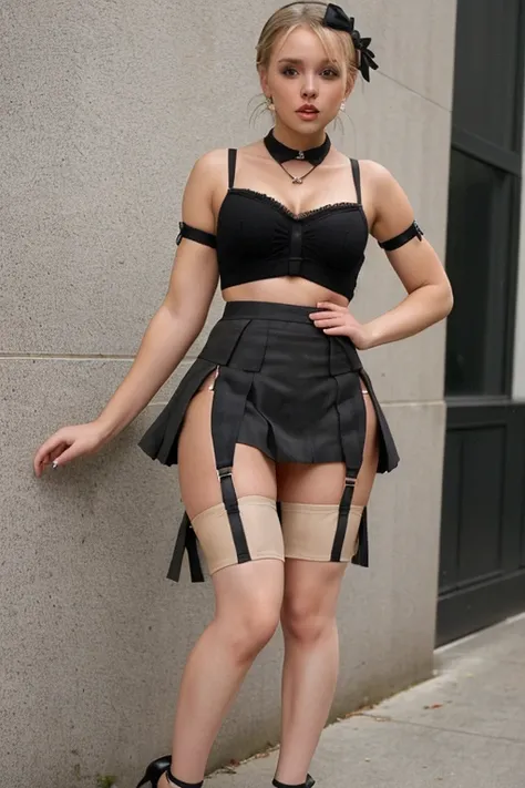 young girl, (full body shot: 1.3), (bell around neck: 1.2), (miniskirt: 1.6), (garter straps: 1.2), (gaps between legs: 1.6), high heels, (high heels: 1.3), (bows on thighs: 1.1), (full chest: 1.6), (short skirt pulled up: 1.6)
