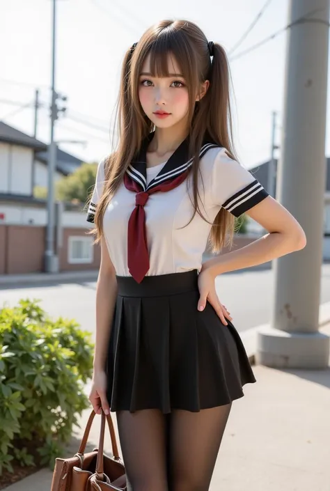  Center View 、Around town、 amazingly cute  、 japanese schoolgirl uniform、Summer clothes、 Micro Mini Skirt、 unrealistic 、 loafers 、 Wears Black Tights、black tights、Japanese High School 、Nogizaka idol、 put it inside 、 thighs are plump、 big breasted with a cr...