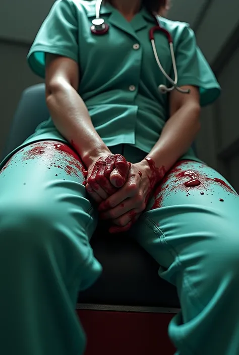 Doctor outfit, there is doctor hand in tight,bloody,realistic ,doctor is sitting and his hand on tight with her outfit alot of blood,only her thighs from up angle