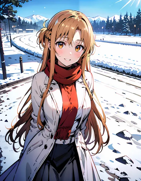 Asuna Yuki ,  long hair, bangs,Alone, monochrome,  braided, Hair,  brown eyes,single  braided,Medium breast,smile,blush, open their mouths, red scarf,White Down Coat , ( sweater :1.2),( turtleneck:1.2), long skirt ,  boots, standing,snow,whole bodyがイラストに入る...