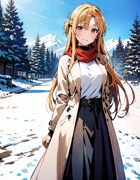 Asuna Yuki ,  long hair, bangs,Alone, monochrome,  braided, Hair,  brown eyes,single  braided,Medium breast,smile,blush, open their mouths, red scarf,White Down Coat , ( sweater :1.2),( turtleneck:1.2), long skirt ,  boots, standing,snow,whole bodyがイラストに入る...